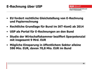 E-Rechnung über USP


• EU fordert rechtliche Gleichstellung von E-Rechnung
  und Papierrechnung
• Rechtliche Grundlage für Bund im IKT-KonG ab 2014
• USP als Portal für E-Rechnungen an den Bund
• Studie der Wirtschaftskammer beziffert Sparpotenzial
  mit insgesamt 9 Mrd. EUR
• Mögliche Einsparung in öffentlichem Sektor alleine
  590 Mio. EUR, davon 70,8 Mio. EUR im Bund




                                                       31
 