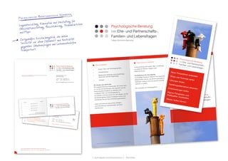 [ schraepler.com/munication ] - Portfolio
Wer wir sind
Alle Beraterinnen und Berater haben eine
Fachhochschul- bzw. Hochschulausbildung
(Sozialpädagogik, Psychologie, Theologie u.ä.)
und unterschiedliche beraterisch-therapeutische
Weiterbildungen und Zusatzqualifikationen.
Zur Sicherung der Qualität der Beratung und zur
Erweiterung und Vertiefung ihrer Kompetenz
nehmen die Beraterinnen und Berater regelmäßig
an Supervisionen und Fortbildungen teil.
Träger dieses Beratungsangebots ist das
Erzbistum Bamberg.
Bildmotiv: Ottmar Hörl, Weltanschauungsmodelle, Augustinerplatz Nürnberg
Was wir anbieten
•		 Einzel-, Paar- und Familiengespräche
•	 Onlineberatung
•	 Beratung	für	Gehörlose	und	schwerhörige
Menschen und ihre Angehörigen
•	 Gruppen
Wir nehmen uns Zeit für Sie.
Wir begleiten Sie durch Krisenzeiten. Wir hören Ihnen
zu, um Sie und Ihre Situation, die Ursachen und die
Bedeutung Ihrer Probleme zu verstehen und
moderieren Paar- und Familiengespräche.
Gemeinsam mit Ihnen suchen wir nach Wegen, wie Sie
die Schwierigkeiten besser bewältigen können und
unterstützen Sie bei Ihren Veränderungsprozessen.
Dabei orientieren wir uns an Ihren Anliegen,
Ihrer persönlichen Lebenssituation und Ihren
Bedürfnissen.
Was sonst noch wichtig ist
Unsere Beratung steht jedem offen, unabhängig
von Herkunft, Wohnort, Religion oder
Weltanschauung.
Die Beratung ist für Sie kostenfrei.
Ihr freiwilliger Beitrag im Rahmen Ihrer finanziellen
Möglichkeiten hilft uns, das Beratungsangebot im
bisherigen Umfang und in der gleichen Qualität
aufrecht zu erhalten.
Wir unterliegen der Schweigepflicht.
Neue Perspektiven entdeckenWege und Auswege sehenLösungen finden
Handlungsalternativen erkundenEntscheidungen treffenEigene Fähigkeiten undKraftquellen erschließenWieder hoffen können
Wo Sie uns finden
91522 ANSBACH, Bischof-Meiser-Straße 21
Fon/Fax 0981 - 23 49 - efl.ansbach@erzbistum-bamberg.de
96047 BAMBERG, Hauptwachstraße 32
Fon 0951 - 20 10 00 - efl.bamberg@erzistum-bamberg.de
95444 BAYREUTH, Bürgerreuther Straße 7a
Fon/Fax 0921 - 2 79 77 - efl.bayreuth@erzbistum-bamberg.de
91052 ERLANGEN, Mozartstraße 29
Fon/Fax 09131 - 2 93 02 - efl.erlangen@erzbistum-bamberg.de
91301 FORCHHEIM, Hauptstraße 20
Fon/Fax 09191 - 6 06 36 - efl.forchheim@erzbistum-bamberg.de
95028 HOF, Marienstraße 58Fon 09281 - 14 01 721 - efl.hof@erzbistum-bamberg.de
96317 KRONACH, Adolf-Kolping-Straße 18
Fon 09261 - 60 56 29 - efl.kronach@erzbistum-bamberg.de
95326 KULMBACH, Kronacher Straße 9
Fon/Fax 09221 - 80 49 66 - efl.kulmach@erzbistum-bamberg.de
91207 LAUF., Eckertstraße 5Fon 09123 - 96 34 88 - efl.lauf@erzbistum-bamberg.de
96215 LICHENTFELS, Schloßberg 2
Fon 09571 - 93 91 00 - efl.lichtenfels@erzbistum-bamberg.de
90478 NÜRNBERG (Hauptstelle), Heideloffstr. 21-25
Fon 0911 - 9928222-0, Fax 0911 - 9928222-15
efl.nuernberg@erzbistum-bamberg.de
www.psychologische-beratung.erzbistum-bamberg.de
Ihre Spende ermöglicht Beratung.Kto. 405115175LIGA-Nbg., BLZ 750 903 00
IBAN DE71 75090300040 5115175
Worum es geht
Krisen und Konflikte kennt jederMensch. Oft können solche Situationen
aus eigener Kraft bewältigt werden.
Wo dies nicht gelingt, bieten wirprofessionelle Hilfe an.
Bei uns sind Sie richtig
•	 wenn Sie in Ihrer Ehe oderPartnerschaft unglücklich sind,z.B. bei Kommunikationsproblemen,
häufigem Streit, sexuellenSchwierigkeiten, Gewalt, einer
Außenbeziehung, Belastung durch
berufliche, wirtschaftliche oder
‚gesundheitliche Probleme oder
Sucht, bei Konflikten wegenKulturverschiedenheit•	 wenn Sie im Zusammenhang mit
Trennung oder Scheidung nicht
mehr weiter wissen•	 wenn Spannungen und Streit Ihre
Familie belasten und beiGenerationenkonflikten•	 wenn Sie sich in einer schwierigen
Lebenssituation oder in einer
Lebenskrise befinden,z.B. bei Ängsten, depressiven und
psychosomatischen Beschwerden,
Selbstwert- und Kontaktproblemen,
Problemen am Arbeitsplatz, Trauer
und Verlust, Missbrauchs- und
Gewalterfahrung•	 wenn Sie Sinn und Neuorientierung
suchen
•	 wenn Sie ein Thema beschäftigt,
über das Sie mit jemandemsprechen möchten
Psychologische Beratungsstelle Nürnberg,
Logoentwicklung, Konzeption und Gestaltung für
Geschäftsausstattung, Beschilderung, Terminkärtchen
und Flyer.
Zeitgemäßes Erscheinungsbild, das neben
Seriosität vor allem Offenheit und Neutralität
gegenüber Glaubensfragen und Lebensentwürfen
transportiert.
 