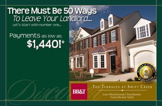 There Must Be 50 Ways
 To Leave Your Landlord...




Discover                THE TERRACES     AT   SWIFT CREEK

                             Low Maintenance Townhomes
                                 From the low $200s
 