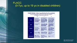 FLACC
(0-7yo, up to 19 yo in disabled children)
Babl Ped Emerg care 2012
Blount Ped res man 2009
 