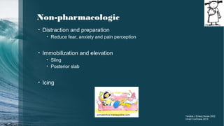Non-pharmacologic
• Distraction and preparation
• Reduce fear, anxiety and pain perception
• Immobilization and elevation
• Sling
• Posterior slab
• Icing
clipart-2012.
princetonhcs.kramesonline.com/
Tanabe J Emerg Nurse 2002
Uman Cochrane 2013
 