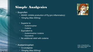 Simple Analgesics
• Ibuprofen
• NSAID: inhibits production of Pg (pro inflammatory)
• 10mg/kg (Max 400mg)
• Superior to
• Acetaminophen
• Codeine
• Equivalent to
• Acetaminophen /codeine
• Oxycodone
• No additional relief with codeine
• Acetaminophen
• Co-analgesia
• 15mg/kg (Max 650mg)
Lemay J Emerg Med 2013
Friday Acad Emerg Med 2009
Clark Pediatrics 2007
 