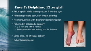 • Ankle sprain while playing soccer 4 months ago
• Persisting severe pain, non-weight bearing
• No improvement with ibuprofen/acetaminophen
• Followed in orthopedic surgery
• 2 x-rays and 1 MRI: Normal
• No improvement after walking boot for 3 weeks
• Since then, no physical activity
• School absenteeism
Case 7: Delphine, 12 yo girl
©2014 UpToDate®
 