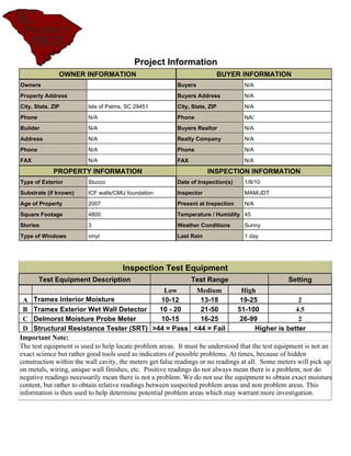 Project Information
               OWNER INFORMATION                                        BUYER INFORMATION
Owners                                                   Buyers                  N/A
Property Address                                         Buyers Address          N/A
City, State, ZIP        Isle of Palms, SC 29451          City, State, ZIP        N/A
Phone                   N/A                              Phone                   NA/
Builder                 N/A                              Buyers Realtor          N/A
Address                 N/A                              Realty Company          N/A
Phone                   N/A                              Phone                   N/A
FAX                     N/A                              FAX                     N/A

             PROPERTY INFORMATION                                    INSPECTION INFORMATION
Type of Exterior        Stucco                           Date of Inspection(s)   1/8/10
Substrate (if known)    ICF walls/CMU foundation         Inspector               MAM/JDT
Age of Property         2007                             Present at Inspection   N/A
Square Footage          4800                             Temperature / Humidity 45
Stories                 3                                Weather Conditions      Sunny
Type of Windows         vinyl                            Last Rain               1 day




                                     Inspection Test Equipment
        Test Equipment Description                             Test Range                        Setting
                                                      Low         Medium          High
 A Tramex Interior Moisture                          10-12         13-18         19-25                2
 B Tramex Exterior Wet Wall Detector                10 - 20        21-50        51-100               4.5
 C Delmorst Moisture Probe Meter                     10-15         16-25         26-99                2
 D Structural Resistance Tester (SRT) >44 = Pass <44 = Fail                             Higher is better
Important Note:
The test equipment is used to help locate problem areas. It must be understood that the test equipment is not an
exact science but rather good tools used as indicators of possible problems. At times, because of hidden
construction within the wall cavity, the meters get false readings or no readings at all. Some meters will pick up
on metals, wiring, unique wall finishes, etc. Positive readings do not always mean there is a problem, nor do
negative readings necessarily mean there is not a problem. We do not use the equipment to obtain exact moisture
content, but rather to obtain relative readings between suspected problem areas and non problem areas. This
information is then used to help determine potential problem areas which may warrant more investigation.
 