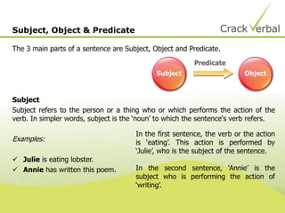 Subject, Object & Predicate
The 3 main parts of a sentence are Subject, Object and Predicate.
Subject
Subject refers to the person or a thing who or which performs the action of the
verb. In simpler words, subject is the ‘noun’ to which the sentence's verb refers.
Examples:
 Julie is eating lobster.
 Annie has written this poem.
In the first sentence, the verb or the action
is ‘eating’. This action is performed by
‘Julie’, who is the subject of the sentence.
In the second sentence, ‘Annie’ is the
subject who is performing the action of
‘writing’.
 