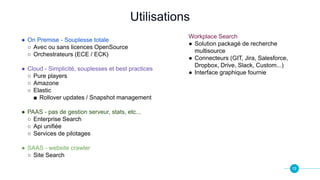 13
Utilisations
● On Premise - Souplesse totale
○ Avec ou sans licences OpenSource
○ Orchestrateurs (ECE / ECK)
● Cloud - Simplicité, souplesses et best practices
○ Pure players
○ Amazone
○ Elastic
■ Rollover updates / Snapshot management
● PAAS - pas de gestion serveur, stats, etc...
○ Enterprise Search
○ Api unifiée
○ Services de pilotages
● SAAS - website crawler
○ Site Search
Workplace Search
● Solution packagé de recherche
multisource
● Connecteurs (GIT, Jira, Salesforce,
Dropbox, Drive, Slack, Custom...)
● Interface graphique fournie
 