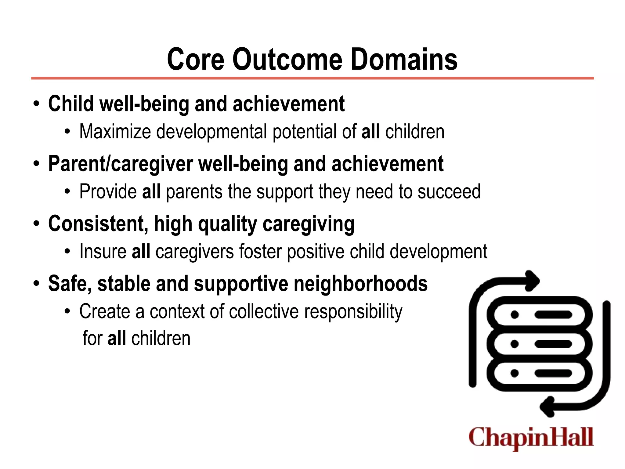 Core Outcome Domains
• Child well-being and achievement
• Maximize developmental potential of all children
• Parent/caregiver well-being and achievement
• Provide all parents the support they need to succeed
• Consistent, high quality caregiving
• Insure all caregivers foster positive child development
• Safe, stable and supportive neighborhoods
• Create a context of collective responsibility
for all children
 