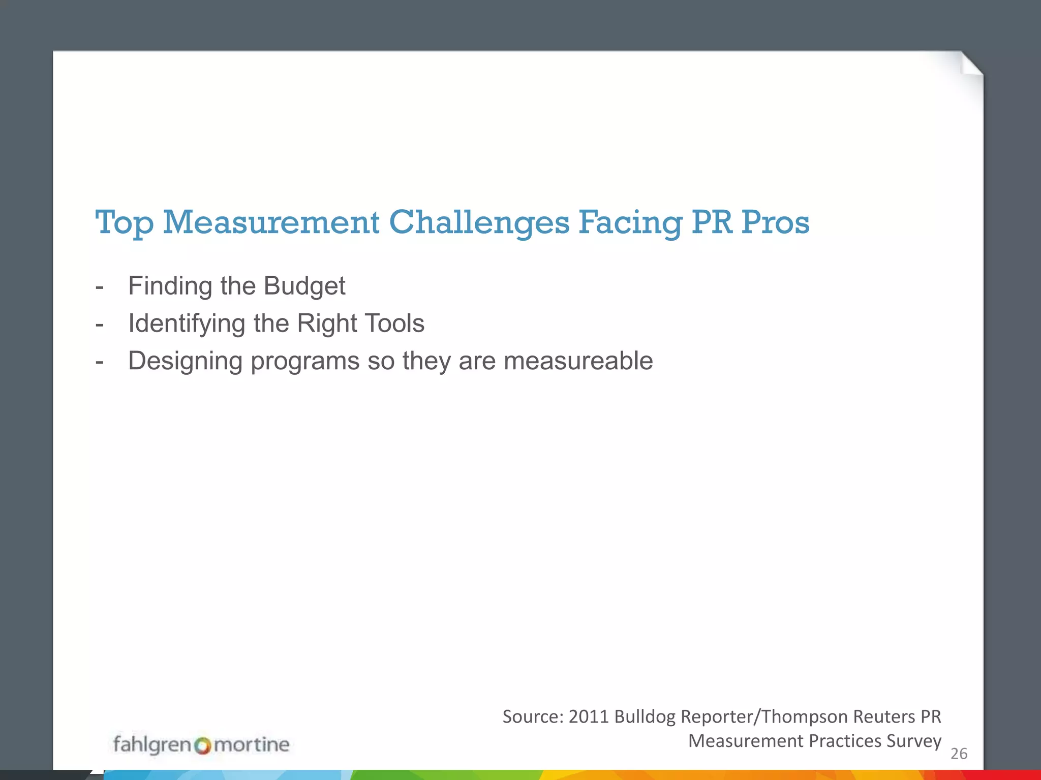 Top Measurement Challenges Facing PR Pros
- Finding the Budget
- Identifying the Right Tools
- Designing programs so they are measureable




                                Source: 2011 Bulldog Reporter/Thompson Reuters PR
                                                      Measurement Practices Survey
                                                                                     26
 