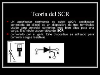 Teoría del SCR Un  rectificador controlado de silicio  ( SCR , rectificador controlado de silicio) es un dispositivo de tres terminales usado para controlar corrientes mas bien altas para una carga. El símbolo esquemático del  SCR   controlado por el  gate . Este dispositivo es utilizado para controlar cargas resistivas. 