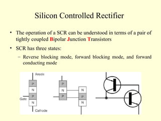 Silicon Controlled Rectifier
• The operation of a SCR can be understood in terms of a pair of
tightly coupled Bipolar Junction Transistors
• SCR has three states:
– Reverse blocking mode, forward blocking mode, and forward
conducting mode
 