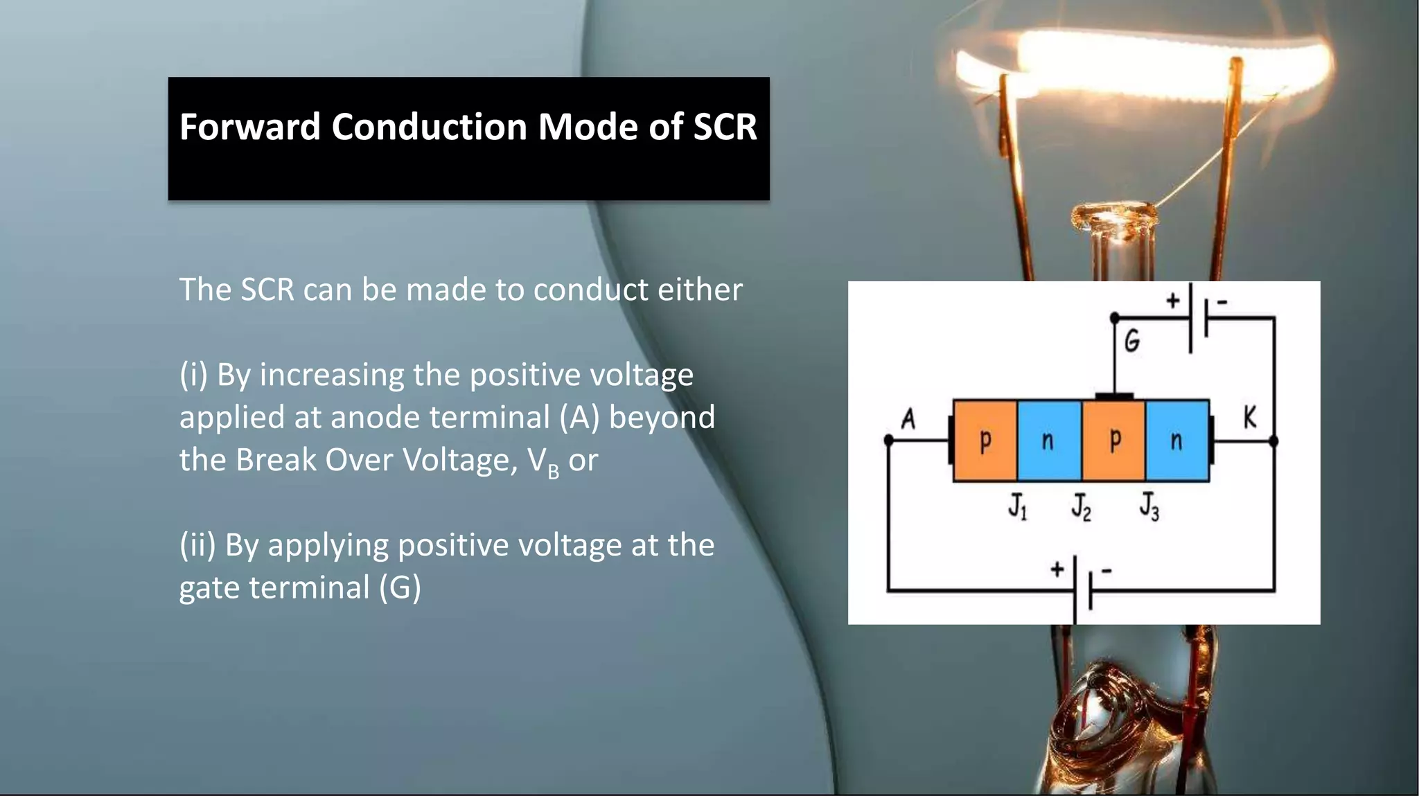 Forward Conduction Mode of SCR
The SCR can be made to conduct either
(i) By increasing the positive voltage
applied at anode terminal (A) beyond
the Break Over Voltage, VB or
(ii) By applying positive voltage at the
gate terminal (G)
 