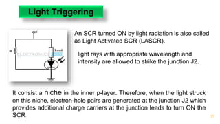 21
Light Triggering
An SCR turned ON by light radiation is also called
as Light Activated SCR (LASCR).
light rays with appropriate wavelength and
intensity are allowed to strike the junction J2.
It consist a niche in the inner p-layer. Therefore, when the light struck
on this niche, electron-hole pairs are generated at the junction J2 which
provides additional charge carriers at the junction leads to turn ON the
SCR.
 