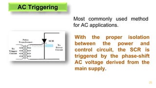 25
AC Triggering
Most commonly used method
for AC applications.
With the proper isolation
between the power and
control circuit, the SCR is
triggered by the phase-shift
AC voltage derived from the
main supply.
 