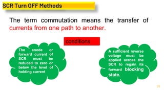 28
SCR Turn OFF Methods
The term commutation means the transfer of
currents from one path to another.
conditions
The anode or
forward current of
SCR must be
reduced to zero or
below the level of
holding current
A sufficient reverse
voltage must be
applied across the
SCR to regain its
forward blocking
state.
 