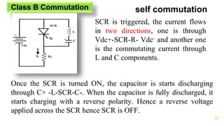 35
Class B Commutation self commutation
SCR is triggered, the current flows
in two directions, one is through
Vdc+-SCR-R- Vdc- and another one
is the commutating current through
L and C components.
Once the SCR is turned ON, the capacitor is starts discharging
through C+ -L-SCR-C-. When the capacitor is fully discharged, it
starts charging with a reverse polarity. Hence a reverse voltage
applied across the SCR hence SCR is OFF.
 