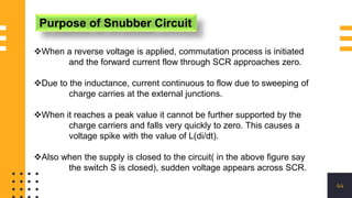 44
Purpose of Snubber Circuit
When a reverse voltage is applied, commutation process is initiated
and the forward current flow through SCR approaches zero.
Due to the inductance, current continuous to flow due to sweeping of
charge carries at the external junctions.
When it reaches a peak value it cannot be further supported by the
charge carriers and falls very quickly to zero. This causes a
voltage spike with the value of L(di/dt).
Also when the supply is closed to the circuit( in the above figure say
the switch S is closed), sudden voltage appears across SCR.
 