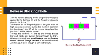 Reverse Blocking Mode
8
 In the reverse blocking mode, the positive voltage is
applied to the Cathode (-) and the Negative voltage is
given to the Anode (+),
There will not be any pulse given to the gate, it will be
kept as an open circuit. During this mode of operation
the Junctions J1 and J3 will be reverse biased and the
junction J2 will be forward biased.
 Since the junctions J1 and J3 are reverse biased
there will not be any current flowing through the SCR.
Although there will be a small leakage current flowing
due to the drift charge carriers in the forward-biased
Junction J2, it is not enough to turn on the SCR.
 
