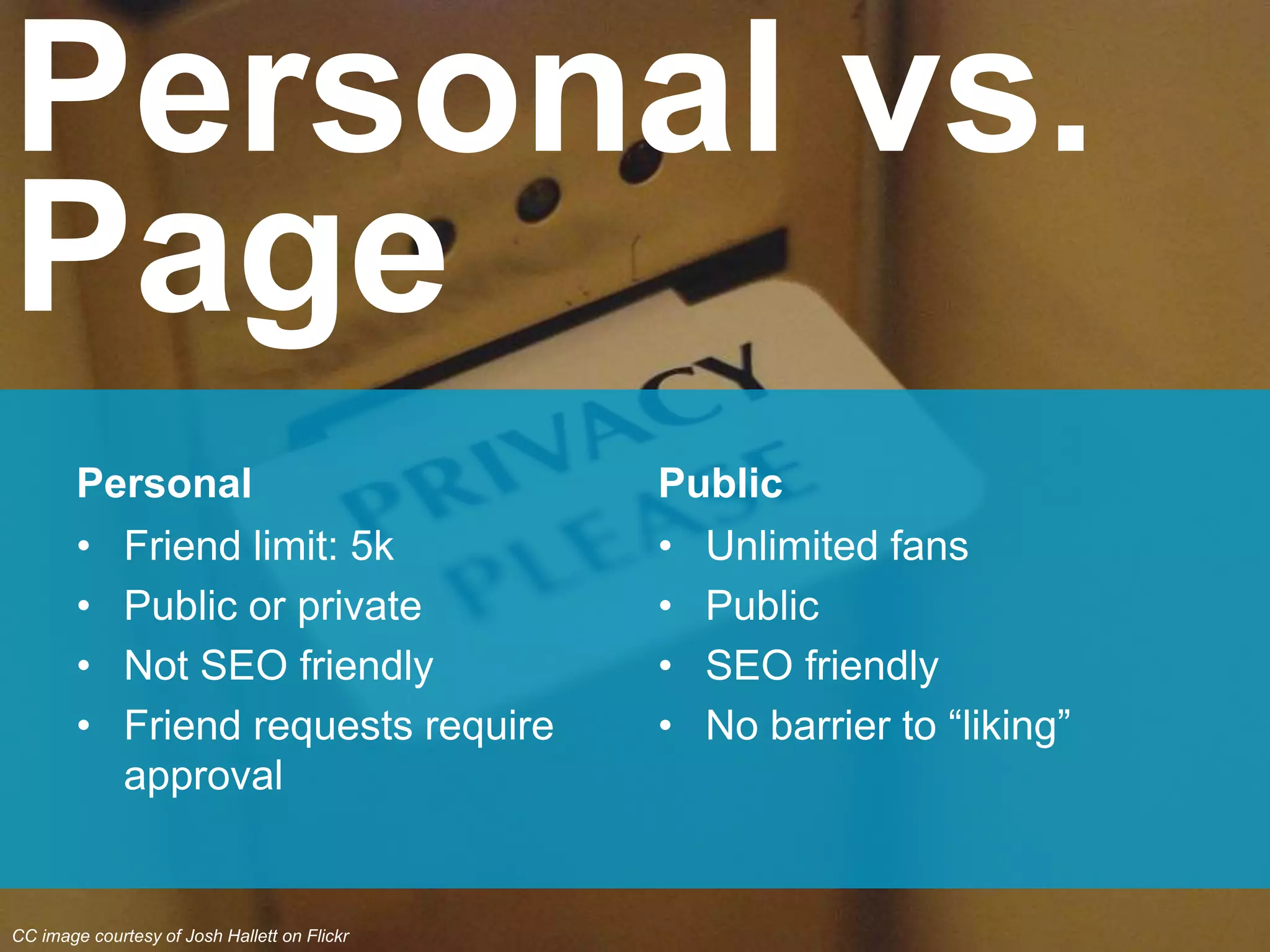 Personal vs.
Page
Personal
• Friend limit: 5k
• Public or private
• Not SEO friendly
• Friend requests require
approval
Public
• Unlimited fans
• Public
• SEO friendly
• No barrier to “liking”
CC image courtesy of Josh Hallett on Flickr
 