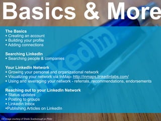 The Basics
 Creating an account
 Building your profile
 Adding connections
Searching LinkedIn
 Searching people & comp...