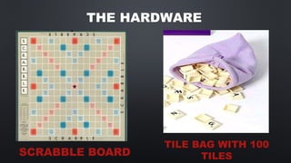 THE HARDWARE
SCRABBLE BOARD
TILE BAG WITH 100
TILES
 
