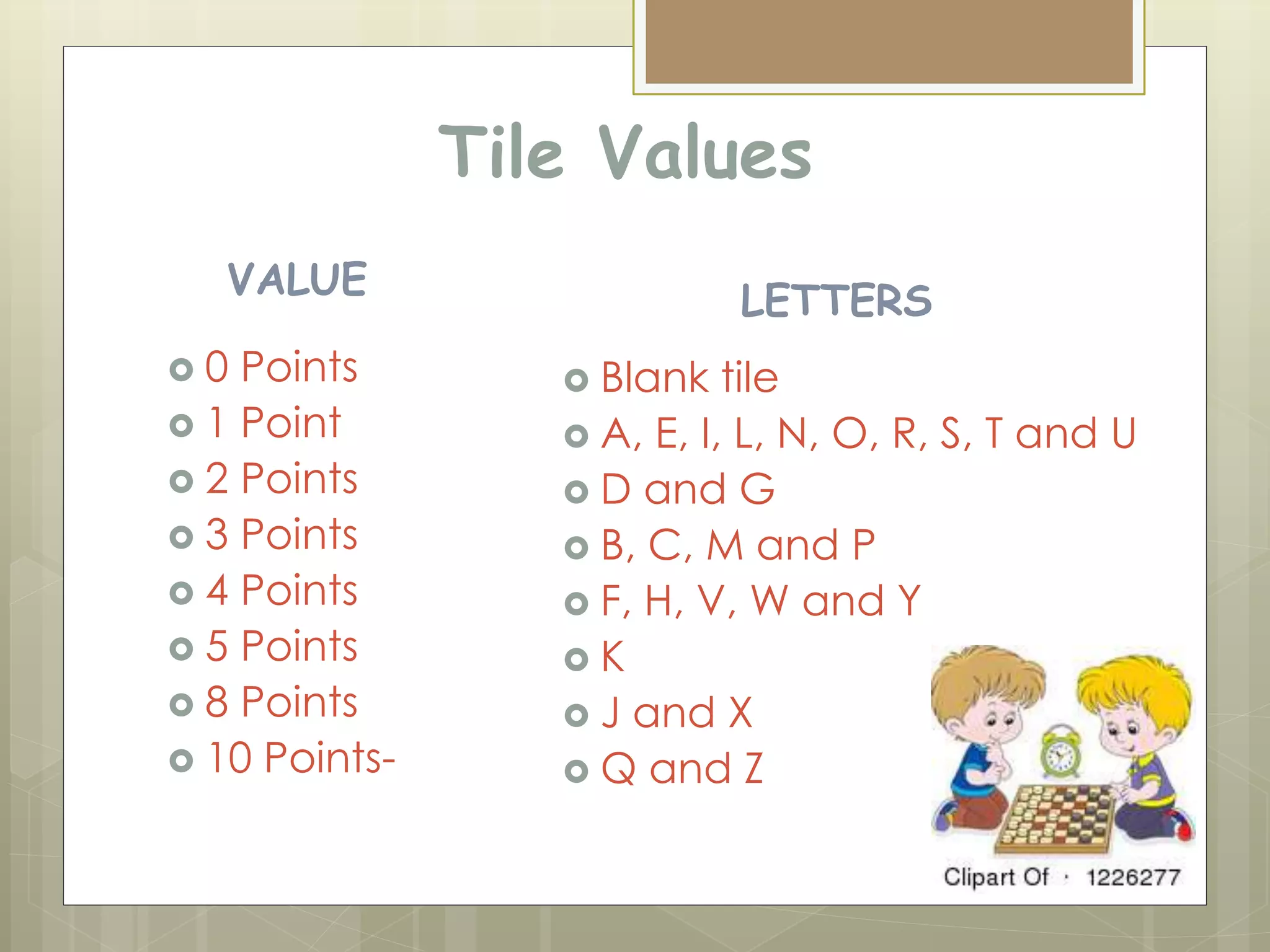 Tile Values
VALUE
 0 Points
 1 Point
 2 Points
 3 Points
 4 Points
 5 Points
 8 Points
 10 Points-
LETTERS
 Blank tile
 A, E, I, L, N, O, R, S, T and U
 D and G
 B, C, M and P
 F, H, V, W and Y
 K
 J and X
 Q and Z
 