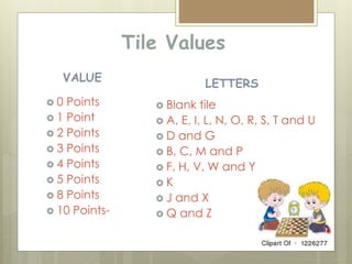 Tile Values
VALUE
 0 Points
 1 Point
 2 Points
 3 Points
 4 Points
 5 Points
 8 Points
 10 Points-
LETTERS
 Blank tile
 A, E, I, L, N, O, R, S, T and U
 D and G
 B, C, M and P
 F, H, V, W and Y
 K
 J and X
 Q and Z
 