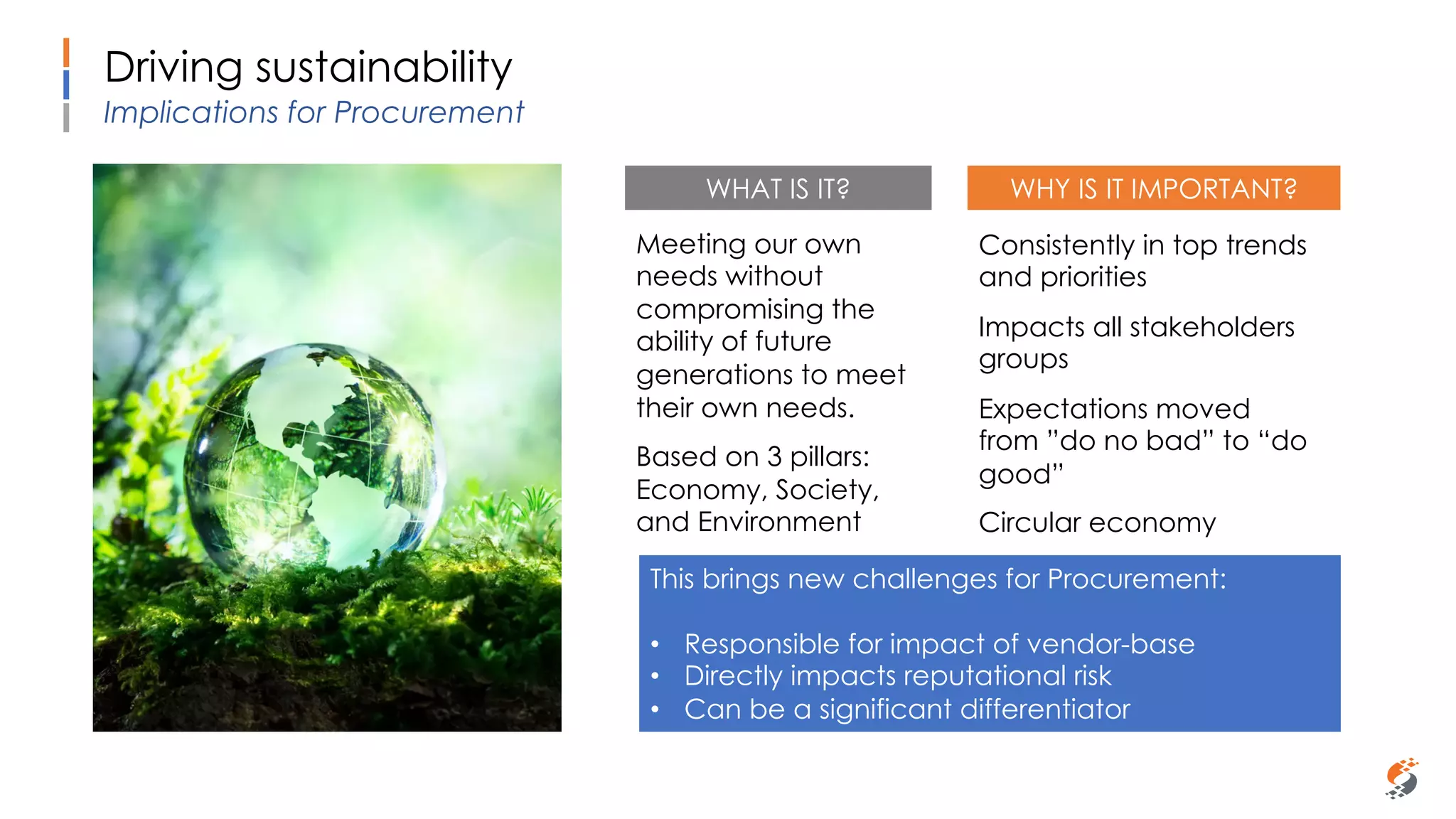 Sammy Rashed
Coaching & Development
Driving sustainability
Implications for Procurement
Meeting our own
needs without
compromising the
ability of future
generations to meet
their own needs.
Based on 3 pillars:
Economy, Society,
and Environment
WHAT IS IT? WHY IS IT IMPORTANT?
Consistently in top trends
and priorities
Impacts all stakeholders
groups
Expectations moved
from ”do no bad” to “do
good”
Circular economy
This brings new challenges for Procurement:
• Responsible for impact of vendor-base
• Directly impacts reputational risk
• Can be a significant differentiator
 