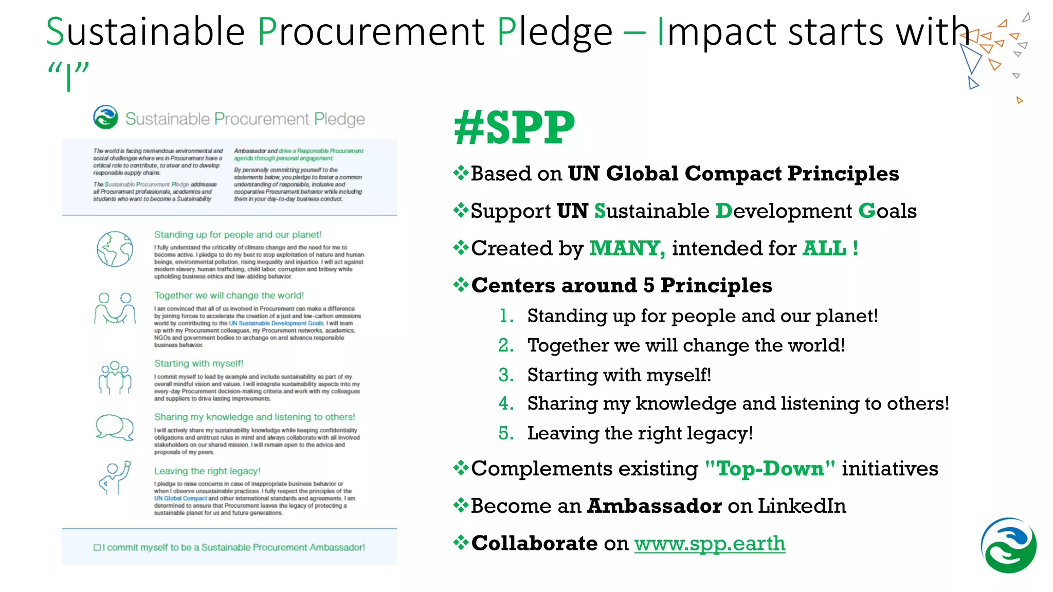 Sammy Rashed
Coaching & Development
Sustainable Procurement Pledge – Impact starts with
“I”
vBased on UN Global Compact Principles
vSupport UN Sustainable Development Goals
vCreated by MANY, intended for ALL !
vCenters around 5 Principles
1. Standing up for people and our planet!
2. Together we will change the world!
3. Starting with myself!
4. Sharing my knowledge and listening to others!
5. Leaving the right legacy!
vComplements existing "Top-Down" initiatives
vBecome an Ambassador on LinkedIn
vCollaborate on www.spp.earth
#SPP
 