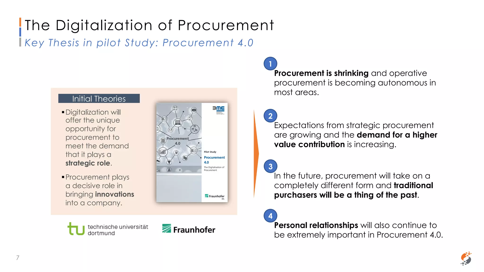 Sammy Rashed
Coaching & Development
Initial Theories
§Digitalization will
offer the unique
opportunity for
procurement to
meet the demand
that it plays a
strategic role.
§Procurement plays
a decisive role in
bringing innovations
into a company.
Procurement is shrinking and operative
procurement is becoming autonomous in
most areas.
In the future, procurement will take on a
completely different form and traditional
purchasers will be a thing of the past.
Expectations from strategic procurement
are growing and the demand for a higher
value contribution is increasing.
Personal relationships will also continue to
be extremely important in Procurement 4.0.
1
2
3
4
The Digitalization of Procurement
Key Thesis in pilot Study: Procurement 4.0
7
 