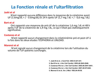 Jaski et al
N’ont rapporté aucune différence dans la moyenne de la créatinine avant
UF (1.6mg/dL + / - 0.6mg/dL) Et 24 h après UF (1,7 mg / dL + / - 0,6 mg / dL)
Bart et al
Ont rapporté une moyenne de pré-UF de la créatinine 1,6 mg / dL et 48 h
après l'UF de la créatinine de 1,9 mg / dL, ce qui n'était pas statistiquement
significative.
Costanzo et al
N’ont rapporté aucun changement dans la créatininémie pré-et post-UF à
la fois dans les deux etudes l‘EUPHORIA et UNLOAD.
Marenzi et al
N'ont signalé aucun changement de la créatinine lors de l'utilisation du
volume de l'UF-patients surchargés.
1. Jaski B et al. J Card Fail. 2003:9:227-231.
2. Bart B et al. J Am Coll Cardiol. 2005;46:2043-2046.
3. Costanzo M et al. J Am Coll Cardiol. 2005;46:2047-2051.
4. Costanzo M et al. J Am Coll Cardiol. 2007;49:675-683.
5. Marenzi G et al. Am J Med. 1993;94:49-56.
La Fonction rénale et l’ultarfiltration
 