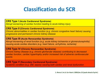 Classification du SCR
CRS Type I (Acute Cardiorenal Syndrome)
Abrupt worsening of cardiac function leading to acute kidney injury
CRS Type II (Chronic Cardiorenal Syndrome)
Chronic abnormalities in cardiac function (e.g. chronic congestive heart failure) causing
progressive and permanent chronic kidney disease
CRS Type III (Acute Renocardiac Syndrome)
Abrupt worsening of renal function (e.g. acute kidney ischaemia or glomerulonephritis)
causing acute cardiac disorders (e.g. heart failure, arrhythmia, ischemia)
CRS Type IV (Chronic Renocardiac Syndrome)
Chronic kidney disease (e.g. chronic glomerular disease) contributing to decreased
cardiac function, cardiac hypertrophy and/or increased risk of adverse cardiovascular
events
CRS Type V (Secondary Cardiorenal Syndrome)
Systemic condition (e.g. DM, sepsis) causing both cardiac and renal dysfunction
1. Ronco C et al. Eur Heart J 2009;Dec 25 [epub ahead of print]
 