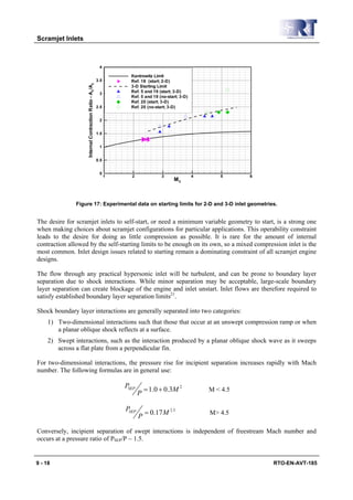 Scramjet Inlets



                                                          4

                                                                     Kantrowitz Limit
                                                         3.5         Ref. 18 (start; 2-D)

                    Internal Contraction Ratio - AC/A2
                                                                     3-D Starting Limit
                                                          3
                                                                     Ref. 5 and 19 (start; 3-D)
                                                                     Ref. 5 and 19 (no-start; 3-D)
                                                                     Ref. 20 (start; 3-D)
                                                         2.5         Ref. 20 (no-start; 3-D)


                                                          2


                                                         1.5


                                                          1


                                                         0.5


                                                          0
                                                               1     2              3                4      5      6
                                                                                          MC



               Figure 17: Experimental data on starting limits for 2-D and 3-D inlet geometries.


The desire for scramjet inlets to self-start, or need a minimum variable geometry to start, is a strong one
when making choices about scramjet configurations for particular applications. This operability constraint
leads to the desire for doing as little compression as possible. It is rare for the amount of internal
contraction allowed by the self-starting limits to be enough on its own, so a mixed compression inlet is the
most common. Inlet design issues related to starting remain a dominating constraint of all scramjet engine
designs.

The flow through any practical hypersonic inlet will be turbulent, and can be prone to boundary layer
separation due to shock interactions. While minor separation may be acceptable, large-scale boundary
layer separation can create blockage of the engine and inlet unstart. Inlet flows are therefore required to
satisfy established boundary layer separation limits21.

Shock boundary layer interactions are generally separated into two categories:
     1) Two-dimensional interactions such that those that occur at an unswept compression ramp or when
        a planar oblique shock reflects at a surface.
     2) Swept interactions, such as the interaction produced by a planar oblique shock wave as it sweeps
        across a flat plate from a perpendicular fin.

For two-dimensional interactions, the pressure rise for incipient separation increases rapidly with Mach
number. The following formulas are in general use:

                                                                   PSEP
                                                                              = 1.0 + 0.3M 2             M < 4.5
                                                                          P

                                                                   PSEP
                                                                              = 0.17 M 2.5               M> 4.5
                                                                          P

Conversely, incipient separation of swept interactions is independent of freestream Mach number and
occurs at a pressure ratio of PSEP/P ~ 1.5.


9 - 18                                                                                                                 RTO-EN-AVT-185
 