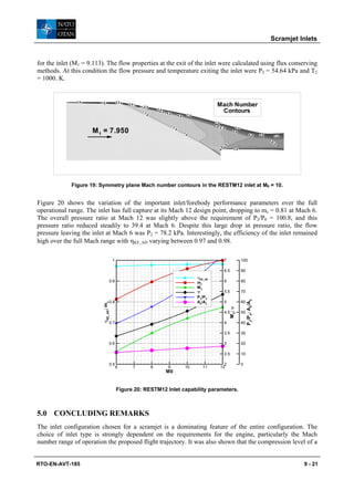 Scramjet Inlets


for the inlet (M1 = 9.113). The flow properties at the exit of the inlet were calculated using flux conserving
methods. At this condition the flow pressure and temperature exiting the inlet were P2 = 54.64 kPa and T2
= 1000. K.


               2.0
                6.0      4.0               2.0 0
                                             4.
                         7.0                       2.3.0
                                                   2.0
                                                     0
                                                              2.
                                                           45.0 0
                                                            .0
                                                                                                                             Mach Number
                                                                        3.0
                                                             7 .0
                                                                          6 .0
                                                                                 6 .0
                                                                                                         1 .0
                                                                                                                              Contours
                                                                                               6 .0

                                                                                                                            1 .0
                                                                                                                          6 .05 .0
                                                                                                                                 5
                                                                                        7 .0                                  6 .0 .0              2 .0
                      M 1 = 7.950                                                                     7 .0
                                                                                                                                                5 .0
                                                                                                                                                                   4 .0        3.0          3.0
                                                                                                                                                                                     5 .0
                                                                                                                                                                                         5 .0




                                                                                                                                      6 .0
                                                                                                                               6 .0
                                                                                                                                                 2.0




             Figure 19: Symmetry plane Mach number contours in the RESTM12 inlet at M0 = 10.


Figure 20 shows the variation of the important inlet/forebody performance parameters over the full
operational range. The inlet has full capture at its Mach 12 design point, dropping to mc = 0.81 at Mach 6.
The overall pressure ratio at Mach 12 was slightly above the requirement of P2/P0 = 100.8, and this
pressure ratio reduced steadily to 39.4 at Mach 6. Despite this large drop in pressure ratio, the flow
pressure leaving the inlet at Mach 6 was P2 = 78.2 kPa. Interestingly, the efficiency of the inlet remained
high over the full Mach range with ηKE_AD varying between 0.97 and 0.98.

                                       1                                                                                              7                   100

                                                                                                                                      6.5                 90
                                                                                                                ηKE_AD
                                   0.9                                                                          mc                    6                   80
                                                                                                                M2
                                                                                                                Ψ                     5.5                 70
                                                                                                                P 2/P 0
                                                                                                                                                               P 2/P0; A0/A2




                                   0.8                                                                          A0/A2                 5                   60
                         ηKE_AD ; mc




                                                                                                                                             M 2; ψ




                                                                                                                                      4.5                 50

                                   0.7                                                                                                4                   40

                                                                                                                                      3.5                 30

                                   0.6                                                                                                3                   20

                                                                                                                                      2.5                 10

                                   0.5                                                                                            2                       0
                                           6          7             8             9                    10          11           12
                                                                                 M0


                                           Figure 20: RESTM12 Inlet capability parameters.



5.0 CONCLUDING REMARKS
The inlet configuration chosen for a scramjet is a dominating feature of the entire configuration. The
choice of inlet type is strongly dependent on the requirements for the engine, particularly the Mach
number range of operation the proposed flight trajectory. It was also shown that the compression level of a


RTO-EN-AVT-185                                                                                                                                                                                    9 - 21
 