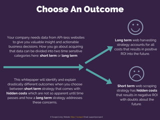 Choose An Outcome
Your company needs data from API-less websites
to give you valuable insight and actionable
business decisions. How you go about acquiring
that data can be divided into two time sensitive
categories here: short term or long term
This whitepaper will identify and explain
drastically different outcomes when you choose
between short term strategy that comes with
hidden costs which are not so apparent until time
passes and how a long term strategy addresses
these concerns.
Long term web harvesting
strategy accounts for all
costs that results in positive
ROI into the future.
Short term web scraping
strategy has hidden costs
that results in negative ROI
with doubts about the
future.
© Scrape.it 2015. Website: https://scrape.it Email: support@scrape.it
 