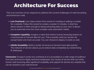 This is an overview of our response to address the current challenges of web harvesting
and tomorrow's web.
Low Overhead: Less steps means time saved on creating or editing a crawler
for a website. Follow the wizard to create a crawler in minutes. A short live
demo session is often enough to being extracting data on your own. It allows
you to automate even the most complex web automation needs.
Complete Capability: Imagine a robot that mimics human browsing actions on
a real browser to harvest data for you. That is exactly what our servers do
except faster and more accurate. You can choose to deploy it onsite as well.
Infinite Scalability: Build a cluster of servers to harvest more data quickly.
This network of servers allows you to extract data completely by randomizing
IP addresses.
Architecture For Success
Conclusion: Scrape.it carries low overhead as it is accessible to a wide range of audience
from less technical to highly technical employees. Our cluster of servers that can mimic
human web browsing adds significant scalability and support for almost any website that
can be viewed in your web browser.
© Scrape.it 2015. Website: https://scrape.it Email: support@scrape.it
 