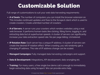 Full range of customizations to suit your web data harvesting requirements:
# of Seats: The number of computers you can install the browser extension on.
This includes continued updates and fixes to the Scrape.it client which is used to
create crawlers. Create unlimited number of crawlers.
# of Servers: A server runs your crawlers which renders websites using a real
web browser. It performs human-tasks like clicking, filling forms, logging in, and
extracting data but at superhuman speeds. A cluster of servers can significantly
increase your data extraction speed rate. No per page billing, Unmetered.
IP Rotation Rate: Each server has a unique IP address. A cluster of servers can
create the desired IP rotation effect. When crawling, you will randomly get a
changing IP address. This rate of IP address change can be scaled.
Managed Campaigns: Fully managed data harvesting campaigns and support.
Data & Development: Integrations, API development, data wrangling etc.
Training: For many users, a free single live demo call is enough to immediately
begin extracting data using Scrape.it. We can provide extra help.
Customizable Solution
© Scrape.it 2015. Website: https://scrape.it Email: support@scrape.it
 