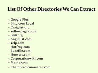 - Google Plus
- Bing.com Local
- Craiglist.org
- Yellowpages.com
- BBB.org
- Angielist.com
- Yelp.com
- Hotfrog.com
- Buzzfile.com
- Hoovers.com
- Corporationwiki.com
- Manta.com
- Chamberofcommerce.com
 