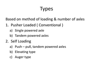 Types
Based on method of loading & number of axles
1. Pusher Loaded ( Conventional )
a) Single powered axle
b) Tandem powered axles
2. Self Loading
a) Push – pull, tandem powered axles
b) Elevating type
c) Auger type
 