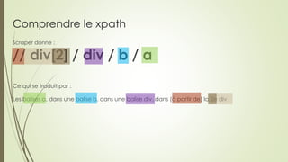 Comprendre le xpath
Scraper donne :
// div[2] / div / b / a
Ce qui se traduit par :
Les balises a, dans une balise b, dans...