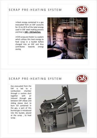 S C R A P   P R E ‐ H E AT I N G   S Y S T E M


      Heat energy contained in a gas
      evacuated from an EAF accounts
      for 15 to 20 % of the total energy
      used in EAF steel making process
      and that is 100 – 150 kwh/ton.

      CVS scrap pre‐heater is a system
      which utilizes this heat energy to
      heat scrap in a bucket before
      charged into an EAF and thus
      contributes     towards    energy
      saving.
           g




S C R A P   P R E ‐ H E AT I N G   S Y S T E M

 Gas evacuated from the
 EAF is led to a
 combustion      chamber
 through a suction duct
 together     with     air
 induced through gap
 between EAF elbow and
 sliding sleeve duct to
 burn CO contained in
 the gas, a part of this
 burned gas is introduced
 into the bucket, placed
 at the scrap , to heat
 scrap.
      p
 