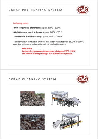 S C R A P   P R E ‐ H E AT I N G   S Y S T E M



   Preheating system:

   ‐I l
    Inlet temperature of preheater: approx. 800ºC – 200º C
                       f    h               800ºC

   ‐ Outlet tempearture of preheater: approx. 250º C – 50º C

   ‐ Temperature of preheated scrap: approx. 400º C – 100º C

   ‐ Temperature at combustion chamber inlet widely varies between 1200º C to 300º C 
        p                                           y
   according to the time and conditions of the steelmaking stages.

             Main Profit: 
             Preheated scrap average temperature is between 150°C ‐ 200°C 
             The amount of energy saving is 20 – 30 kwh/ton in practice.




SCRAP CLEANING SYSTEM
 