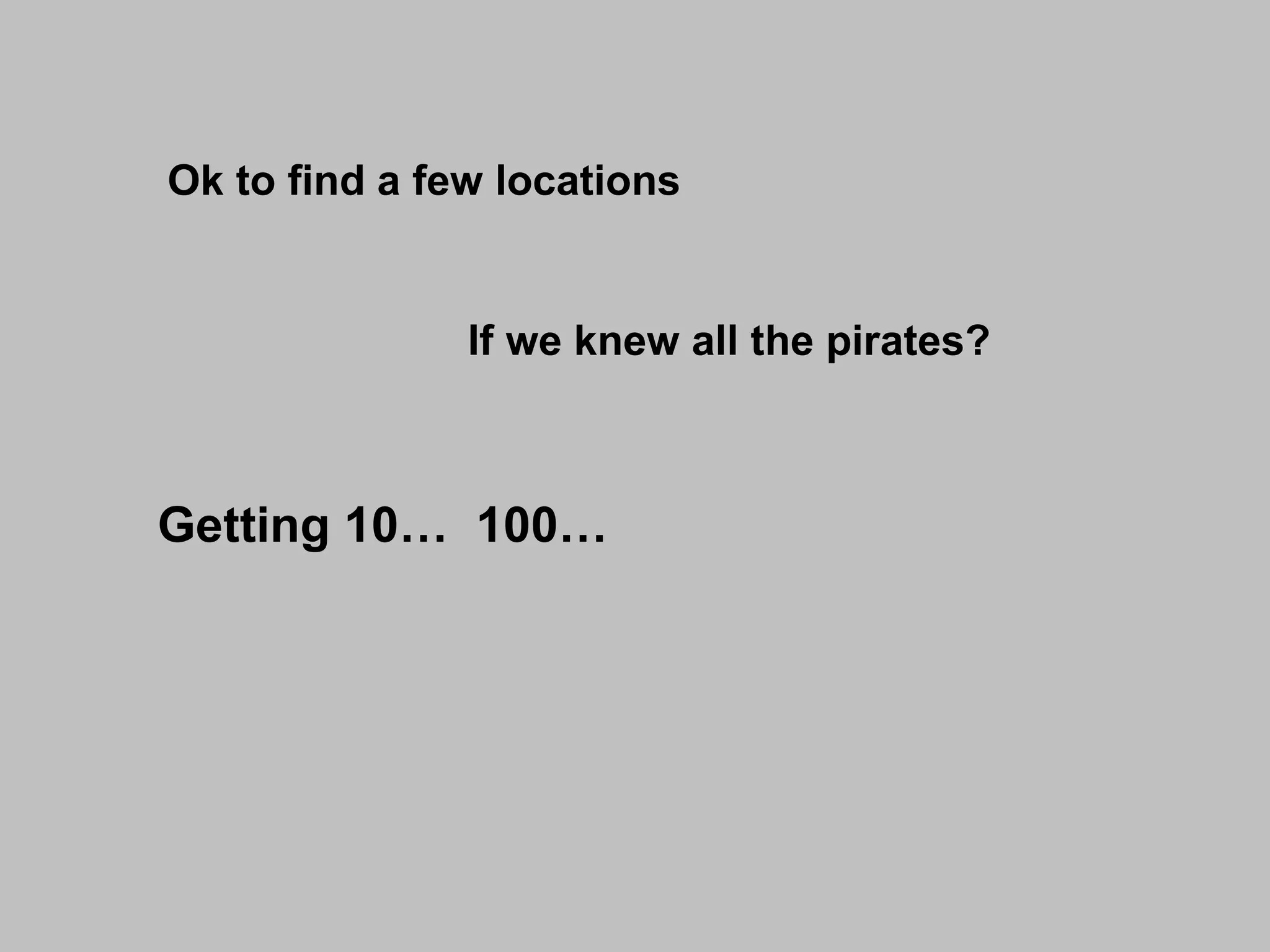 Ok to find a few locations If we knew all the pirates? Getting 10…  100… 