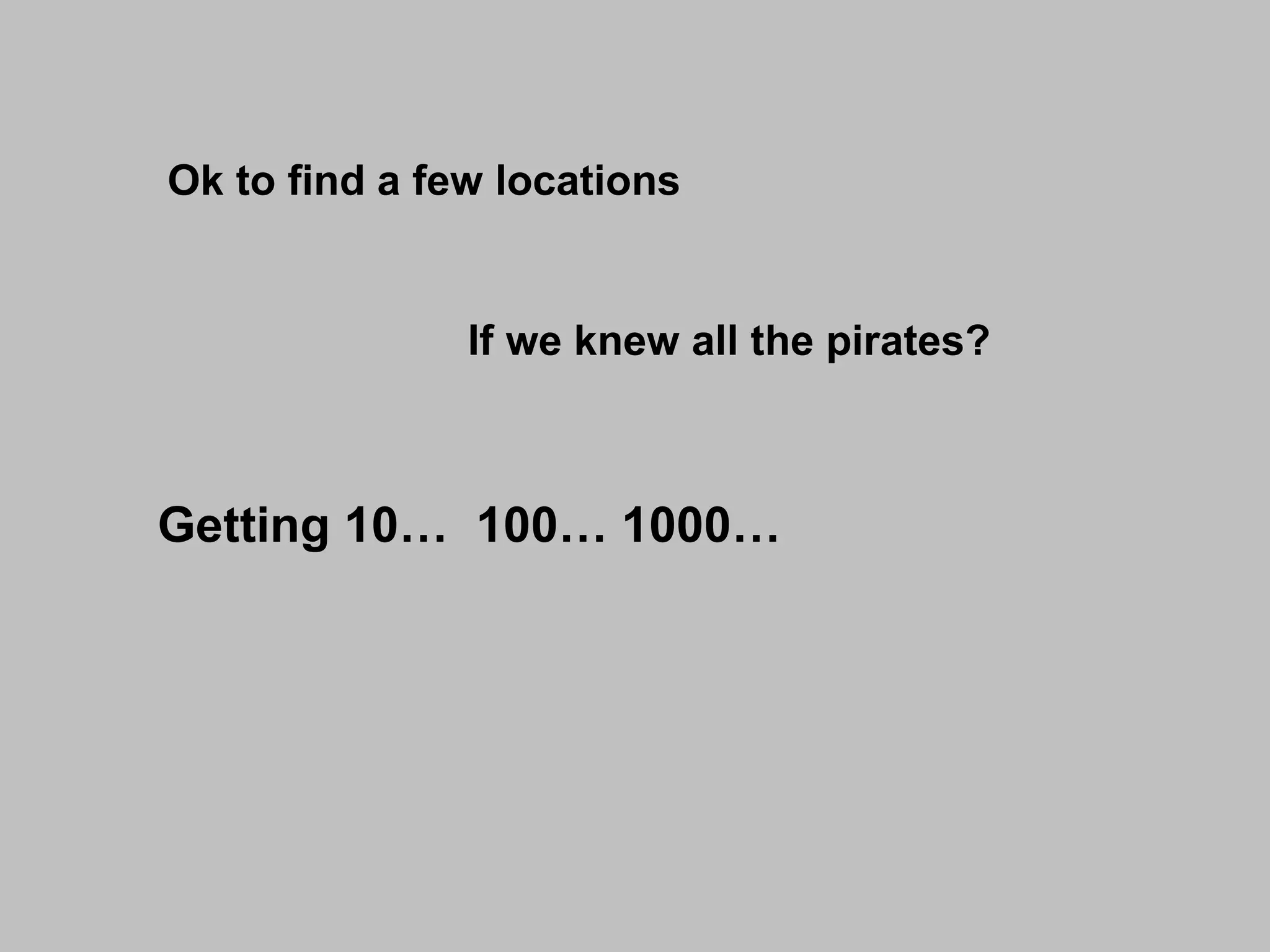 Ok to find a few locations If we knew all the pirates? Getting 10…  100… 1000…  