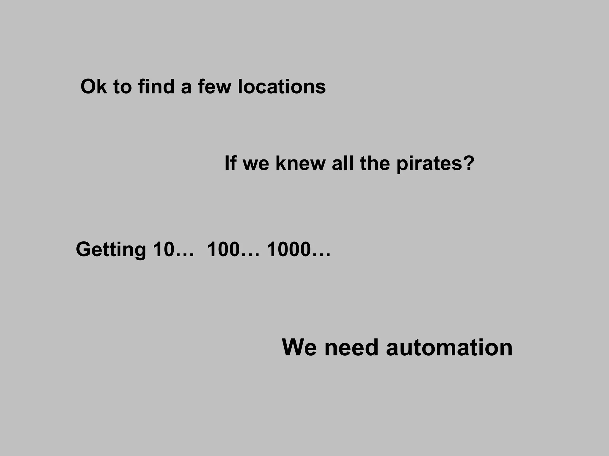 Ok to find a few locations If we knew all the pirates? Getting 10…  100… 1000…  We need automation 