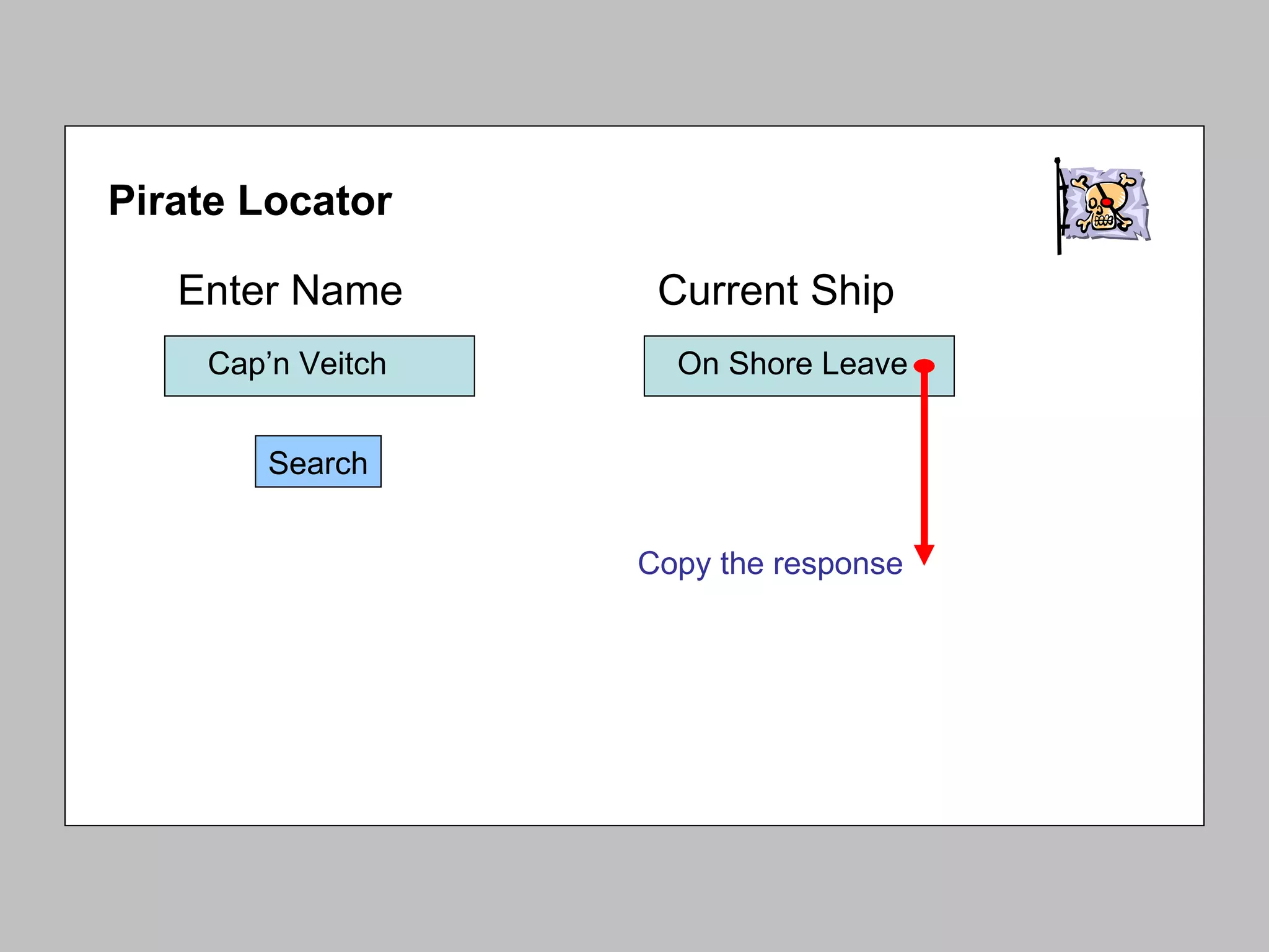 Enter Name Search Pirate Locator Current Ship Copy the response Cap’n Veitch On Shore Leave 