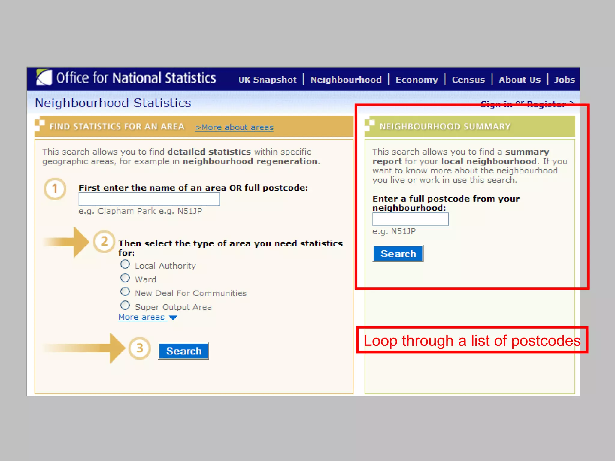 Loop through a list of postcodes 