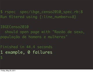 $ rspec spec/ibge_censo2010_spec.rb:8
Run ﬁltered using {:line_number=>8}

IBGECenso2010
  should open page with "Razão de sexo,
população de homens e mulheres"

Finished in 44.4 seconds
1 example, 0 failures
$


Friday, May 20, 2011
 