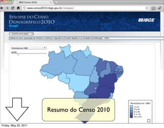 Resumo do Censo 2010

Friday, May 20, 2011
 