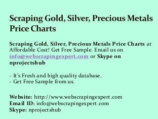 Scraping Gold, Silver, Precious Metals Price Charts at
Affordable Cost! Get Free Sample. Email us on
info@webscrapingexpert.com or Skype on
nprojectshub
- It’s Fresh and high quality database.
- Get Free Sample from us.
Website: http://www.webscrapingexpert.com
Email ID: info@webscrapingexpert.com
Skype: nprojectshub
 