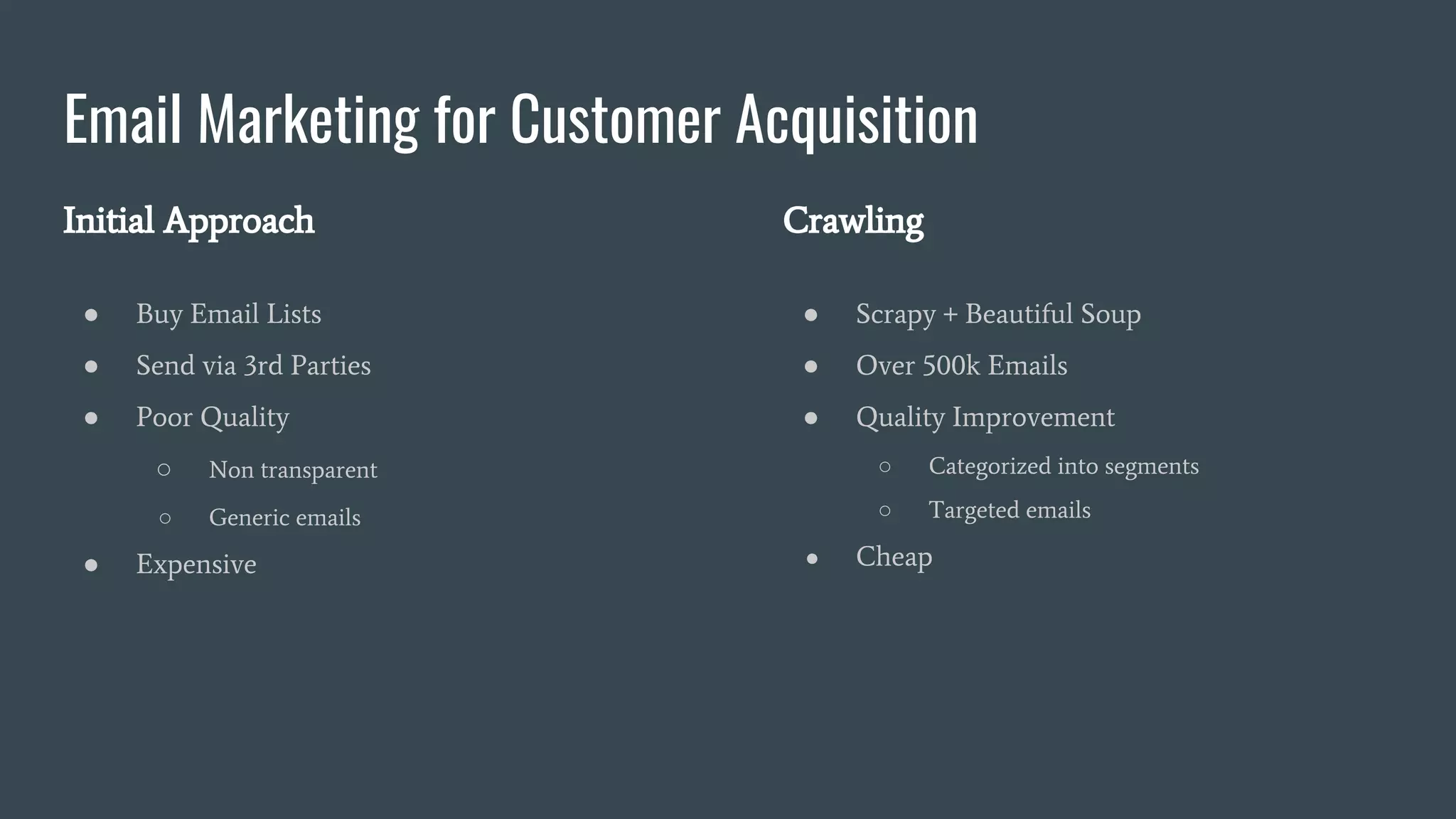 Email Marketing for Customer Acquisition Initial Approach ● Buy Email Lists ● Send via 3rd Parties ● Poor Quality ○ Non transparent ○ Generic emails ● Expensive Crawling ● Scrapy + Beautiful Soup ● Over 500k Emails ● Quality Improvement ○ Categorized into segments ○ Targeted emails ● Cheap 